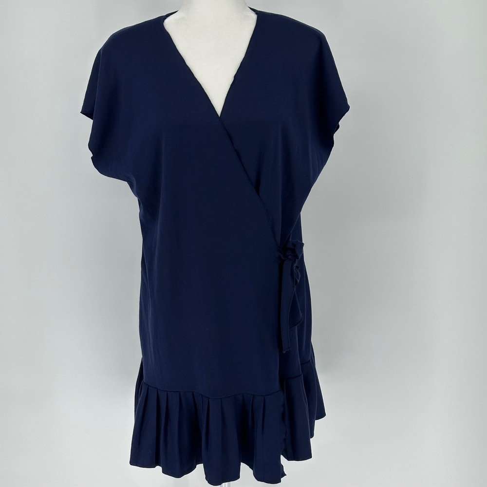 Vtg Navy Blue Wrap Dress Ruffle Hem Short Sleeve Tie Waist V Neck L union‎ made